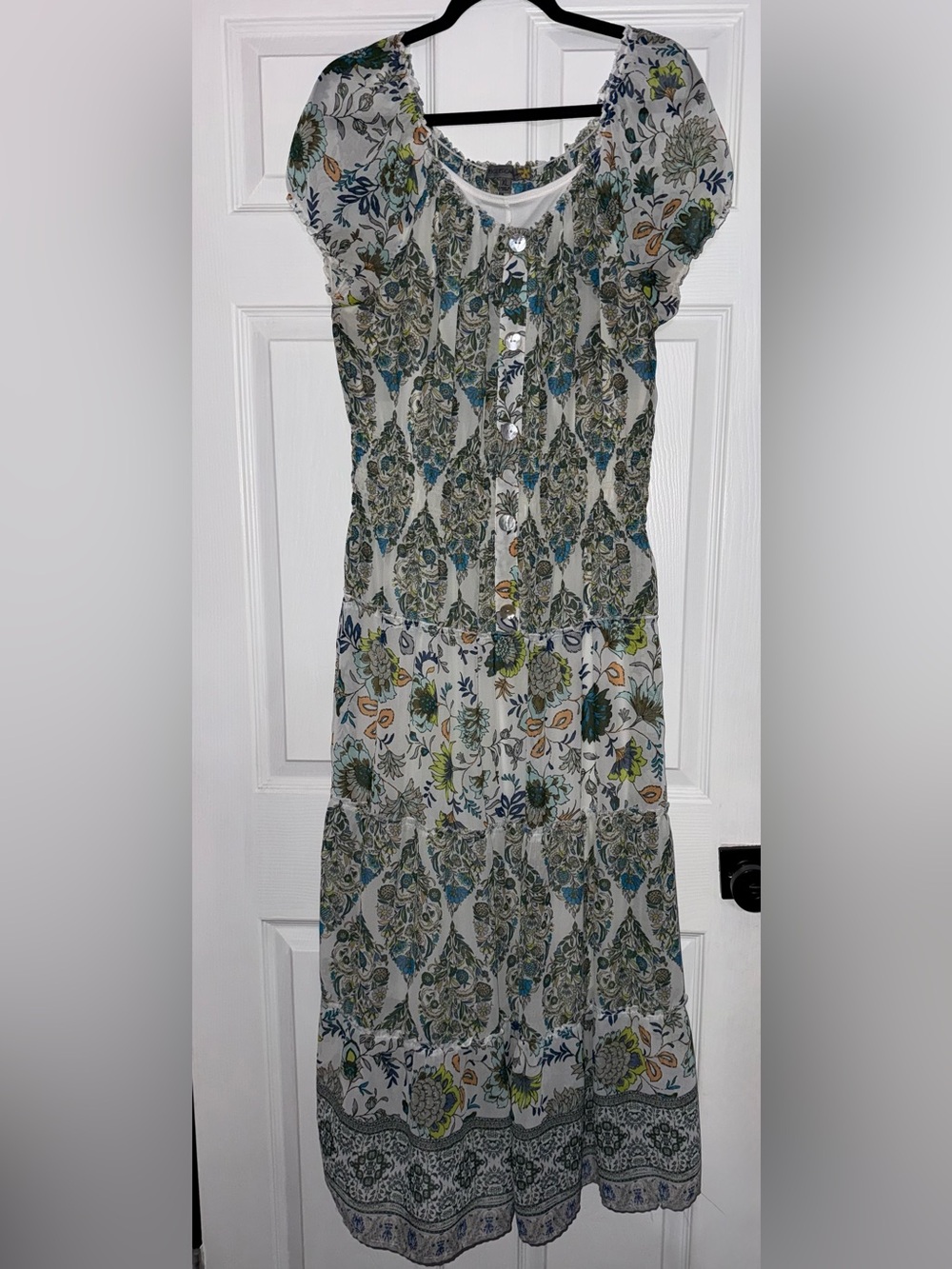 Bohemian Floral Maxi Dress - White with Blue & Green Floral